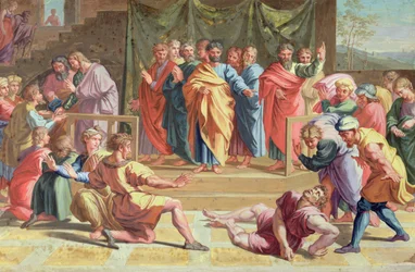 Tod des Ananias, nach einem Gemälde von Raphael (1483-1520), 1740 (Körperfarbe über Graphit auf Pergament)